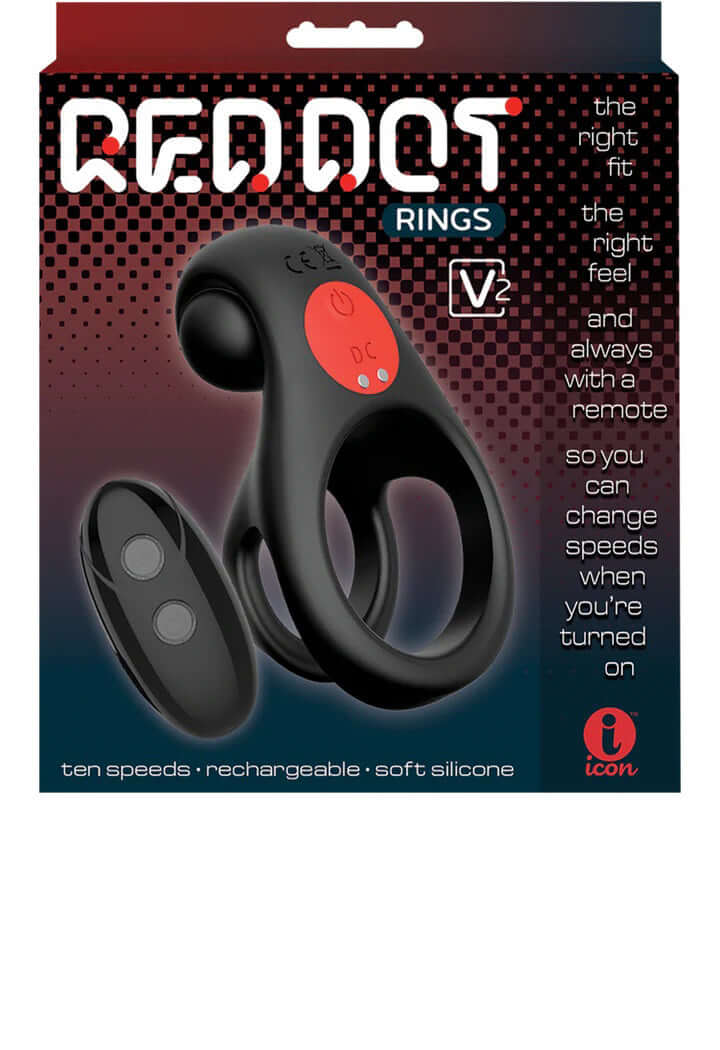 Red Dot Vibrating Cock Ring V2 in black/red with remote and ten speed settings for enhanced pleasure.