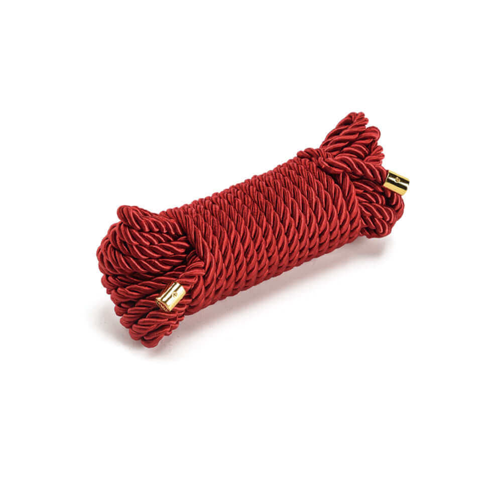 Luxurious red Shibari bondage rope, 32.8 ft long, ideal for workshops, featuring QR code for instructional video.