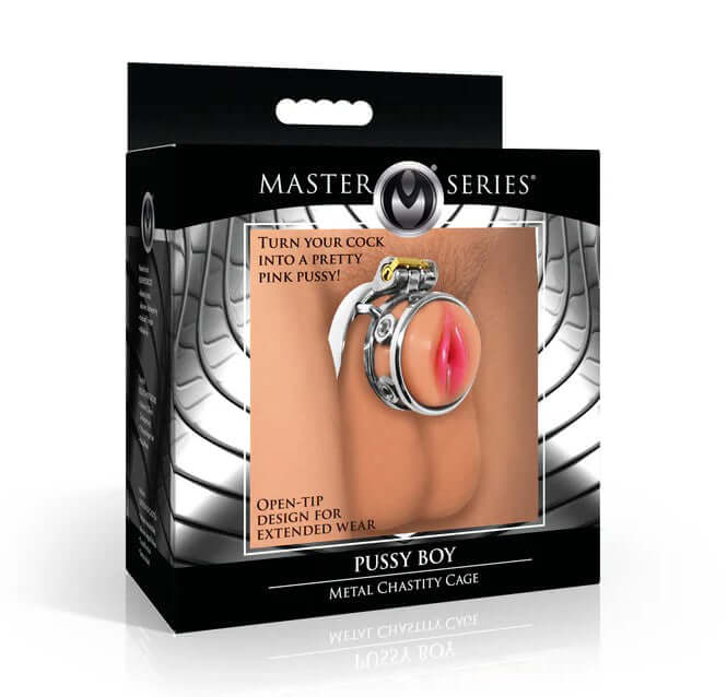 Pussy Boy Metal Chastity Cage Silver packaging, showing product features and open-tip design for extending wear.