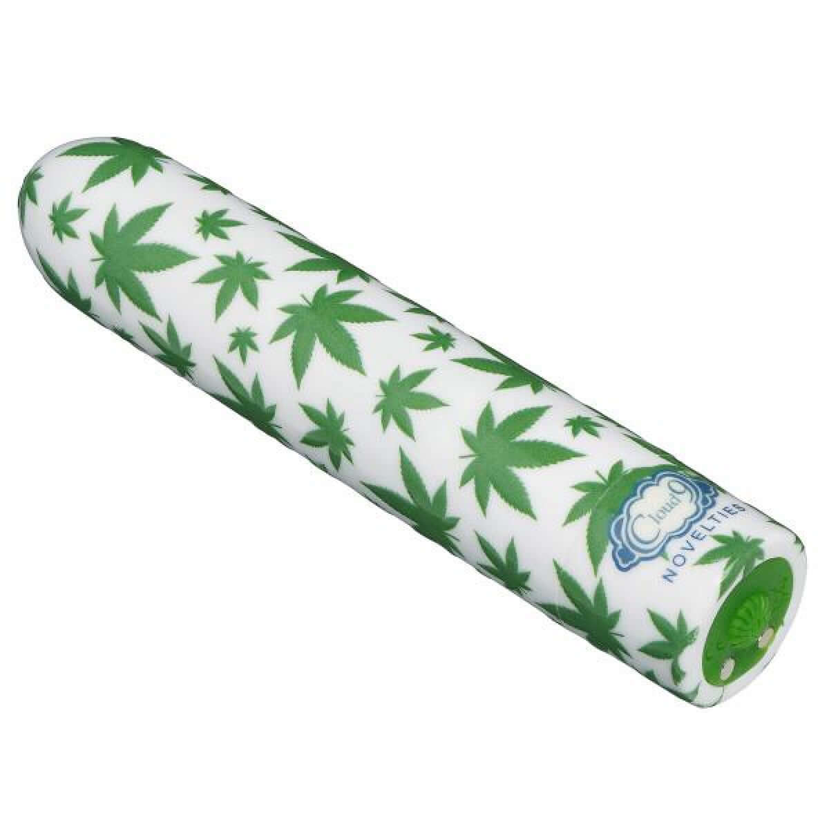 White and green 420 Slim Cannabis Leaf Vibe by Cloud 9 Novelties with 10 vibration patterns and ergonomic shape for discreet pleasure.