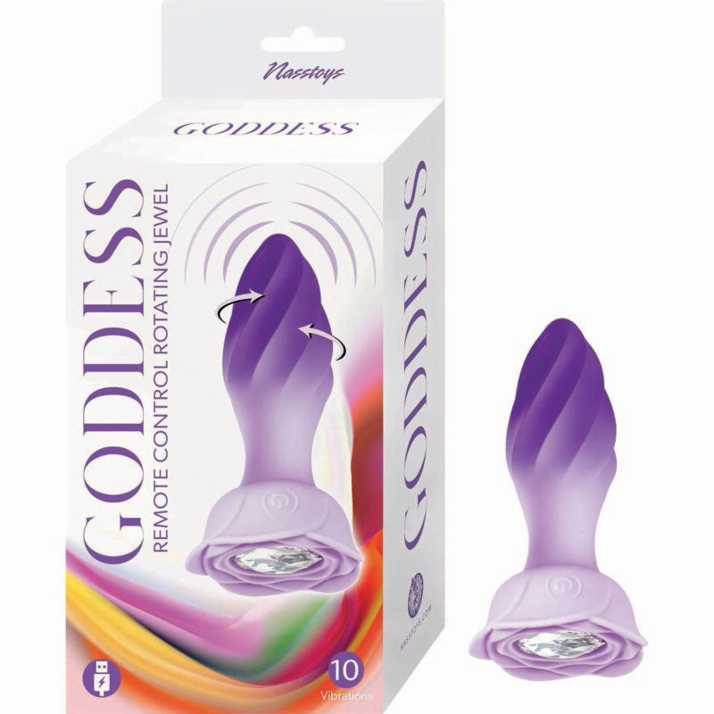 Goddess Remote Control Rotating Jewel Plug Purple with elegant design and packaging for unique stimulation.