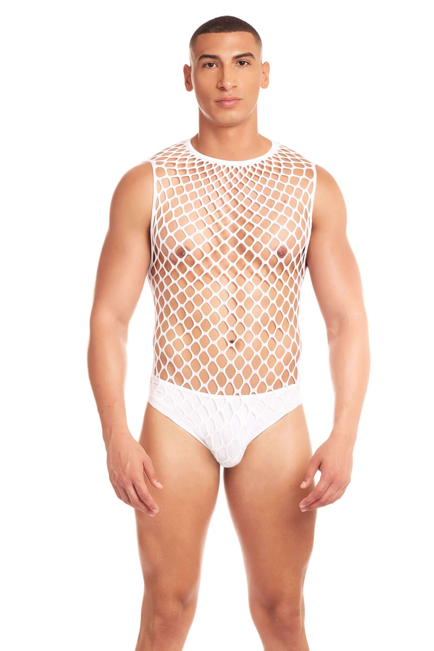 Man wearing Full Effect 2pc Set in white, made of 95% Nylon and 5% Spandex, featuring a fishnet tank top and matching brief, size small/medium.