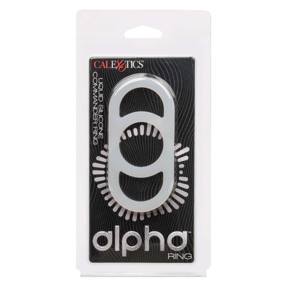 Alpha Liquid Silicone Commander Ring - Natural packaging with CalExotics branding.