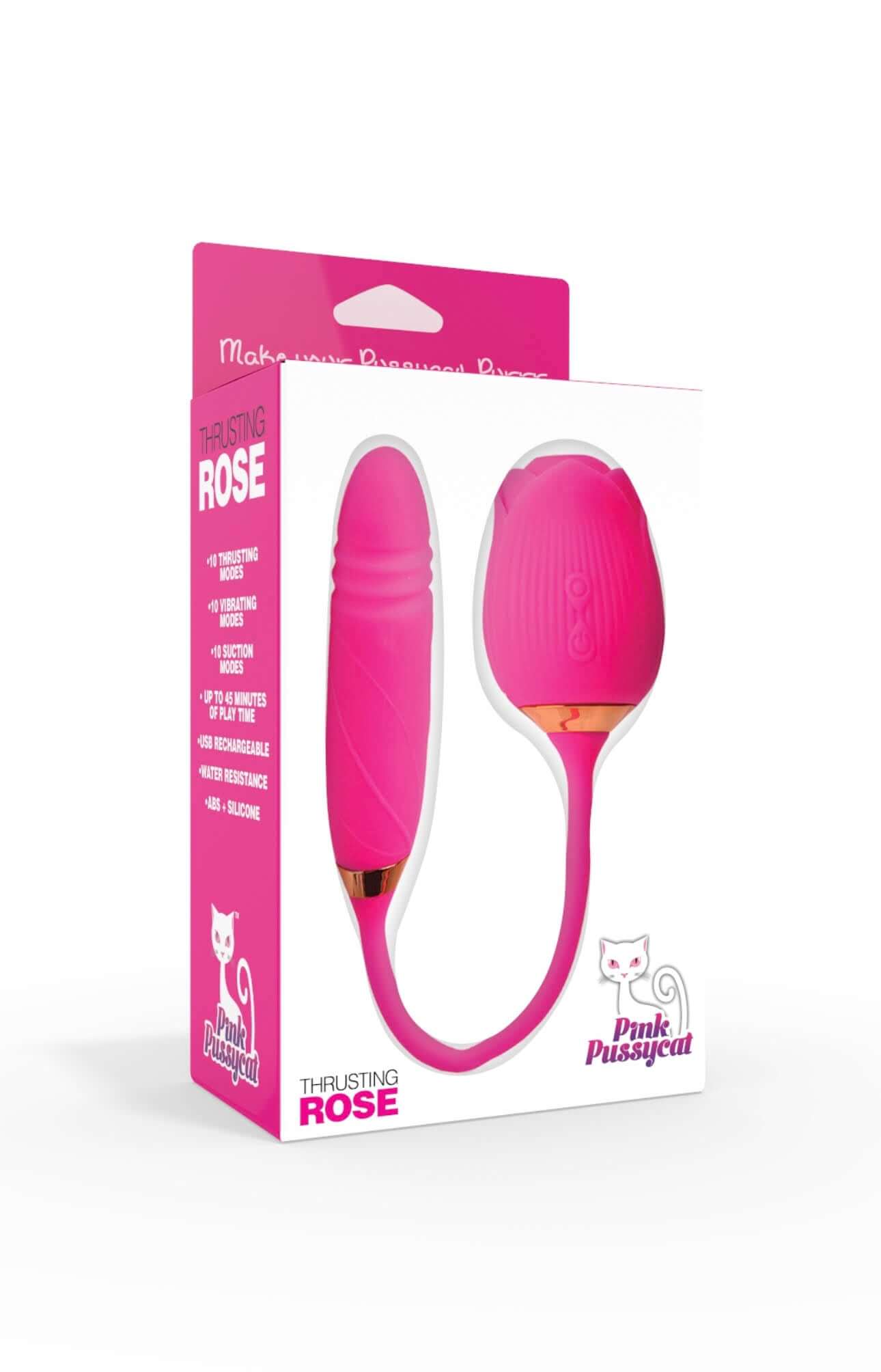 Pink Pussycat Thrusting Rose Dual Stimulator in packaging, showcasing its rose-inspired design and functionality.