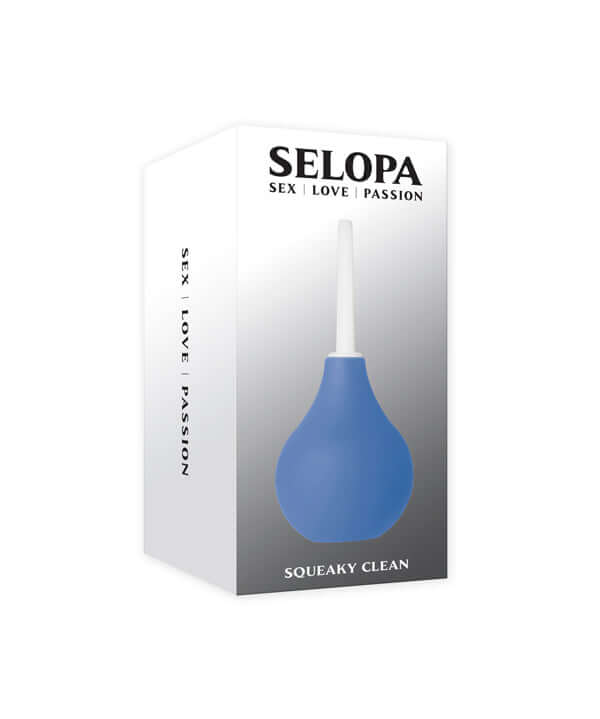 Selopa Squeaky Clean Douche in blue packaging, designed for gentle anal cleansing and easy storage.