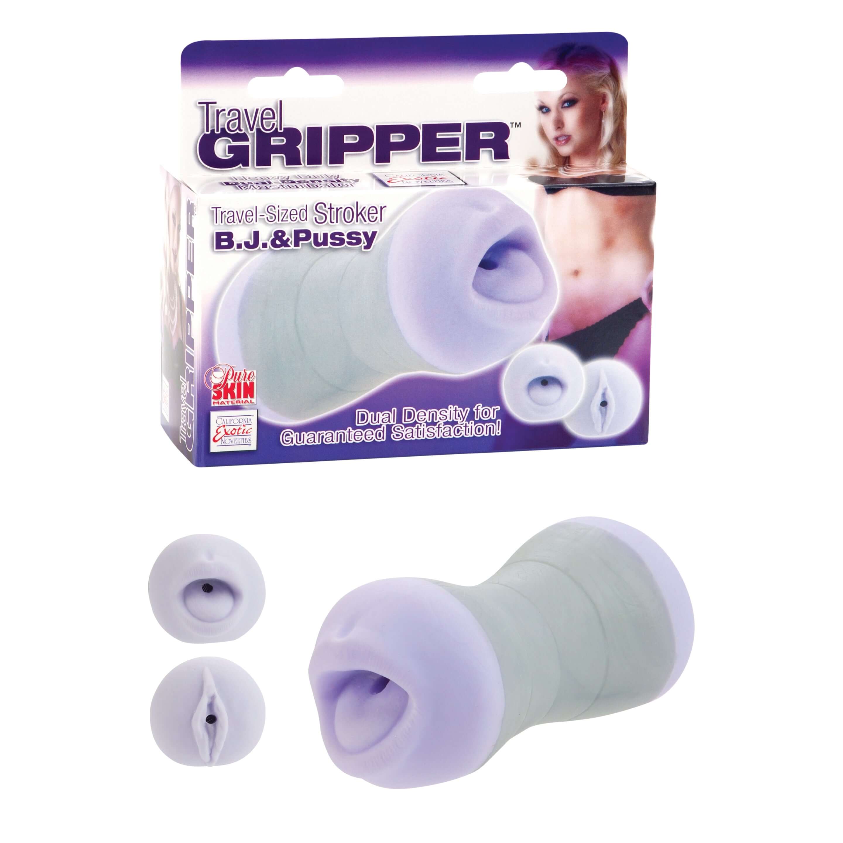 Travel Gripper BJ & Pussy Masturbator travel-sized stroker with dual density for guaranteed satisfaction.