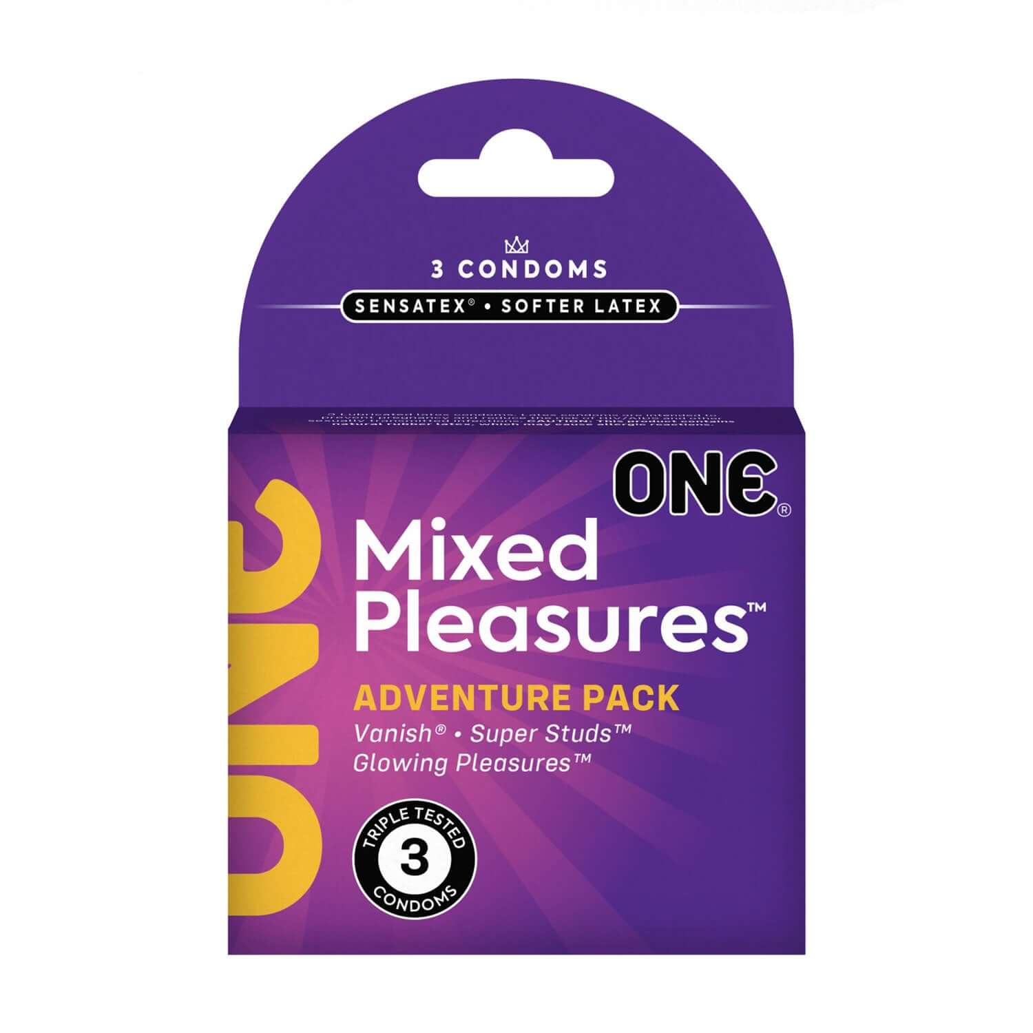 One Mixed Pleasures 3 Count Condoms Adventure Pack with Sensatex Ultra-soft Latex for a Natural Feeling