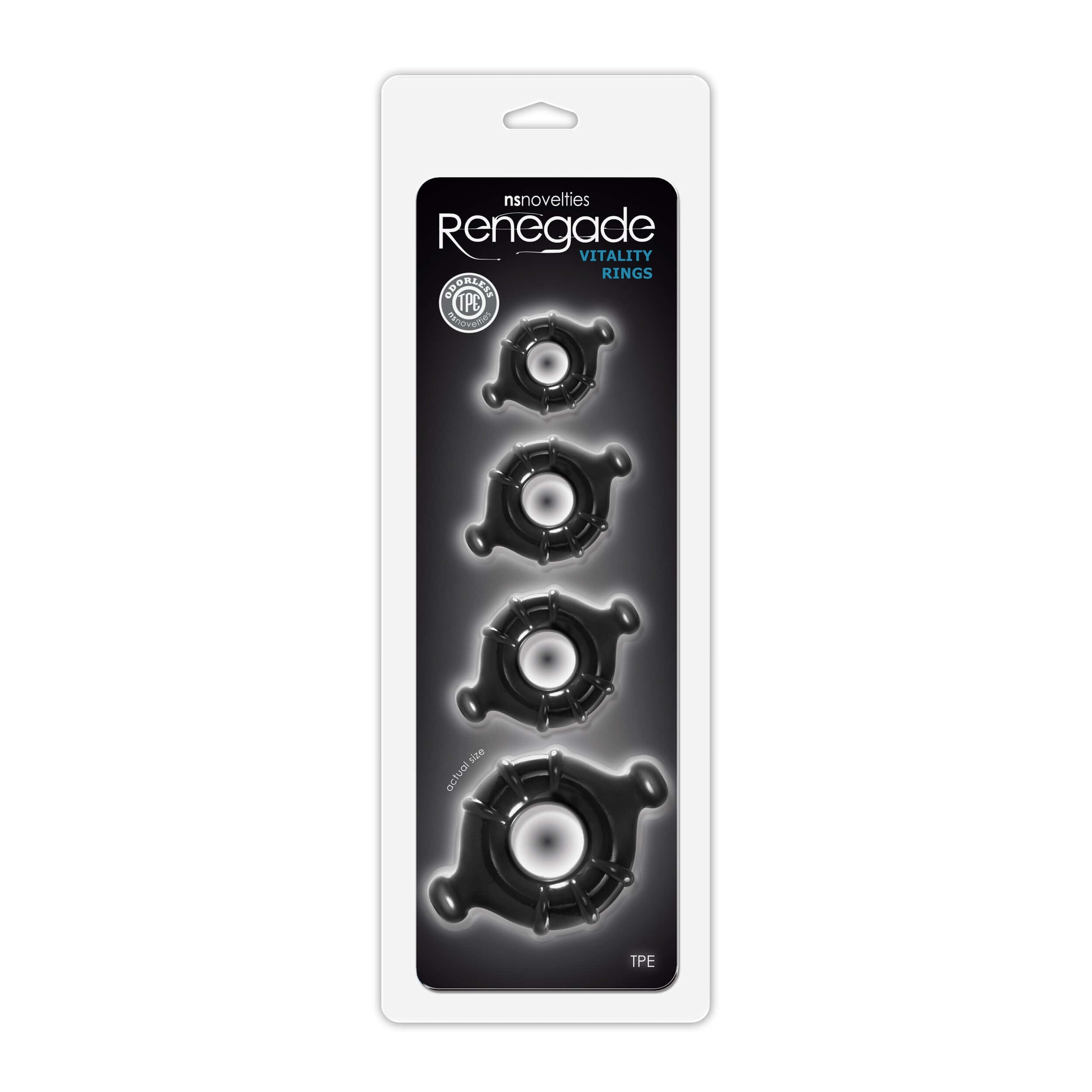 Packaging for Renegade Vitality Rings Black, a four-piece ring set for enhanced playtime and customizable support.