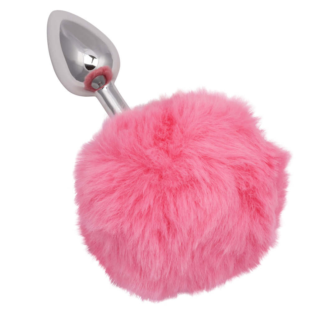 Running Wild Bunny Butt Plug Pink with fluffy pink tail and sleek metallic probe for stylish stimulation.
