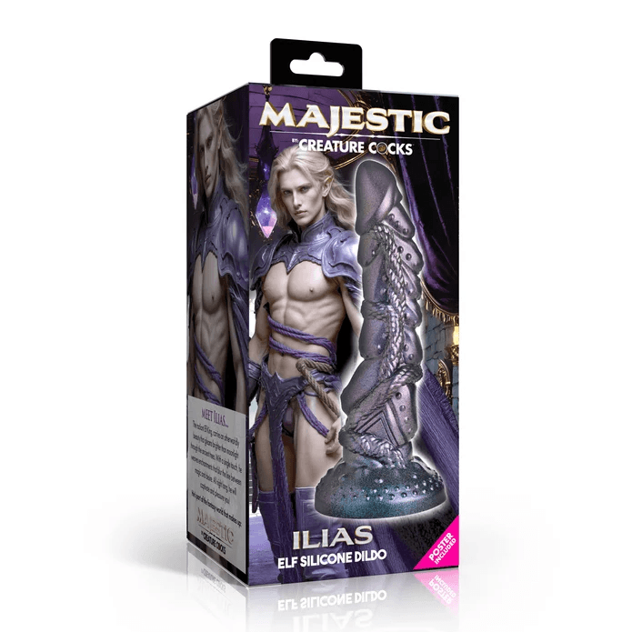 Creature Cocks Ilias Elf Silicone Dildo packaging featuring a striking elf figure and detailed design.