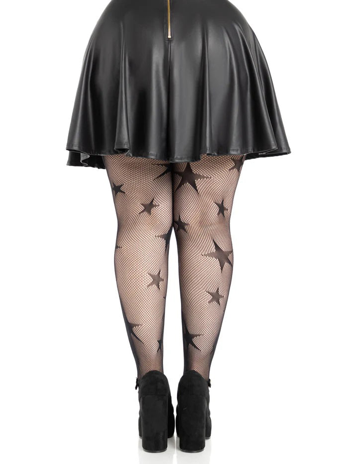 Leg Avenue Star Net Tights 1X 2X Black worn with a black skirt showcasing stylish star net pattern.