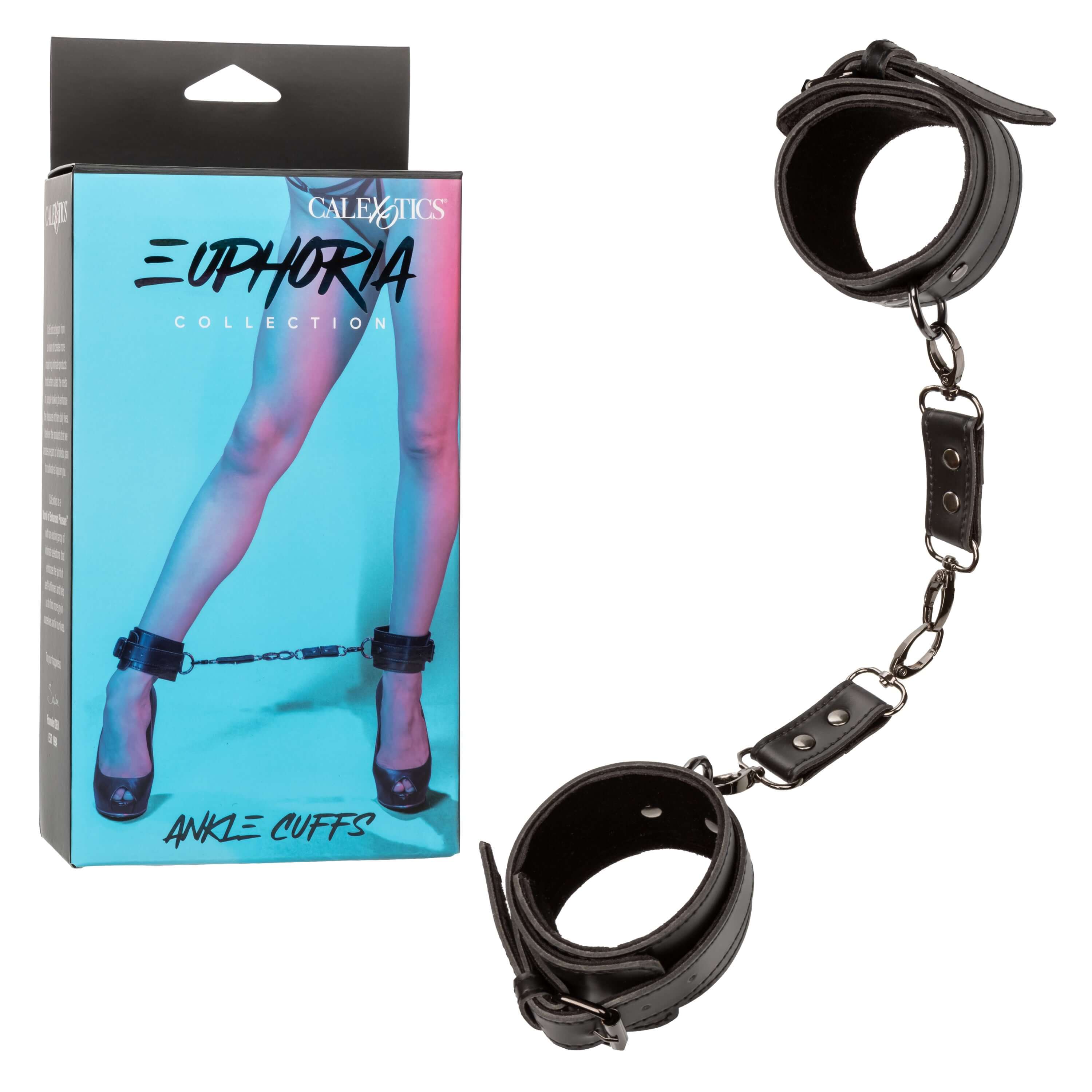Euphoria Collection Ankle Cuffs in black with adjustable buckle, featuring sleek vegan leather and soft velvet interior.