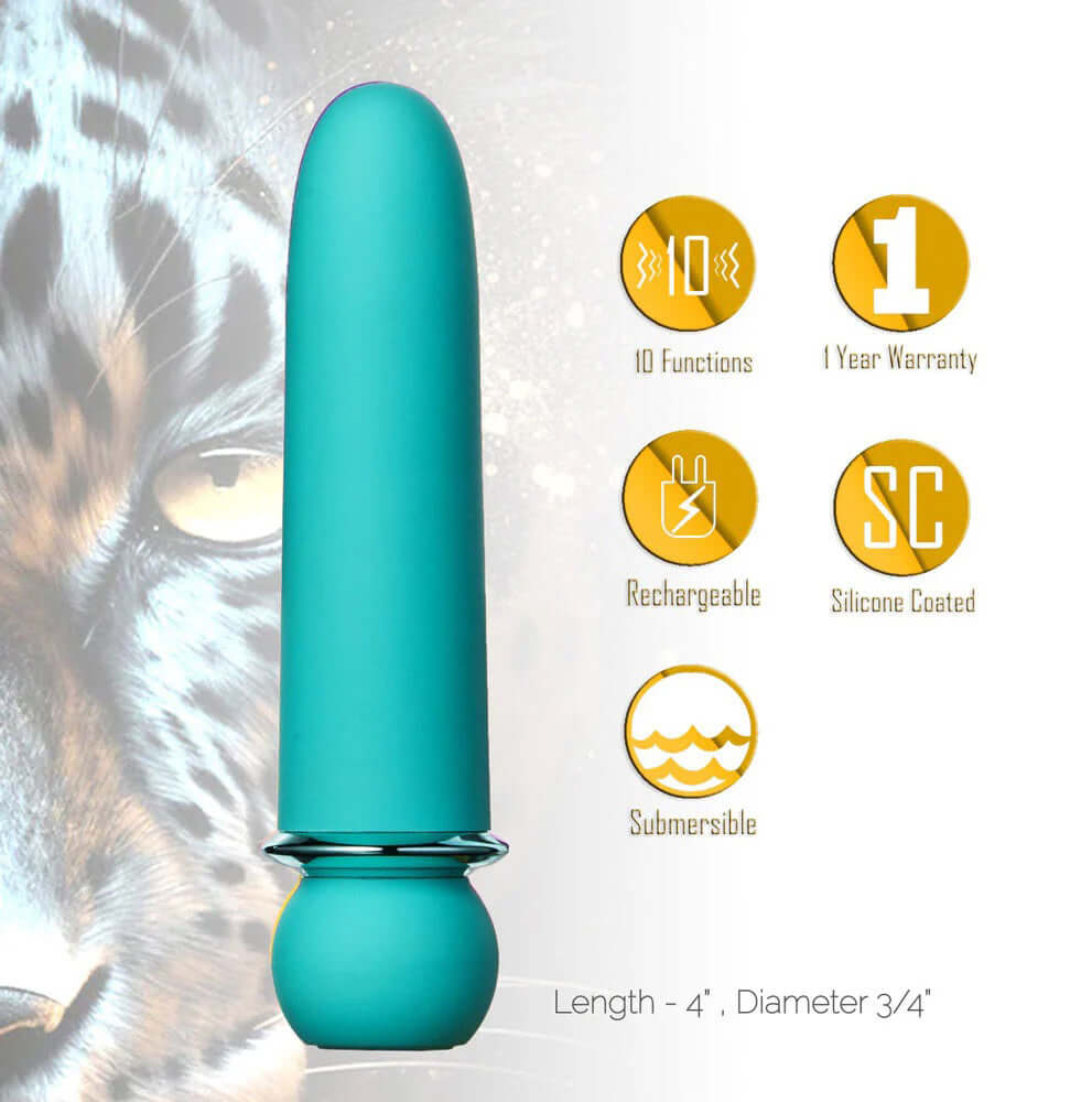Jaguar Fiercely Powerful blue vibrator with 10 functions, rechargeable, submersible, silicone coated, and 1-year warranty.