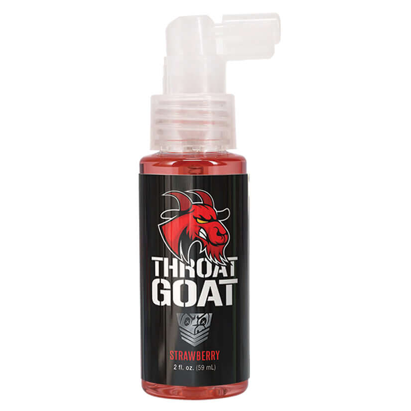 Fort Troff Throat Goat Oral Numbing Spray Strawberry 2 Oz in a spray bottle with a goat logo.