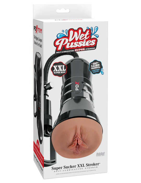 Pdx Extreme Wet Pussies Super Sucker XXL Stroker Brown packaging showing realistic design and unique suction features.