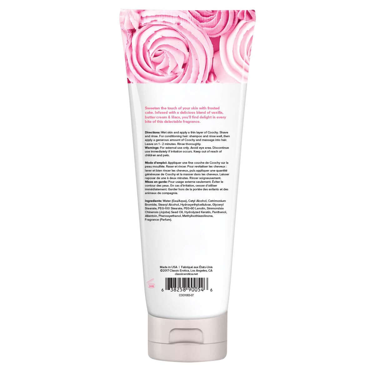 Coochy Shave Cream Frosted Cake 7.2 Oz packaging with pink rose design and product details on the back.
