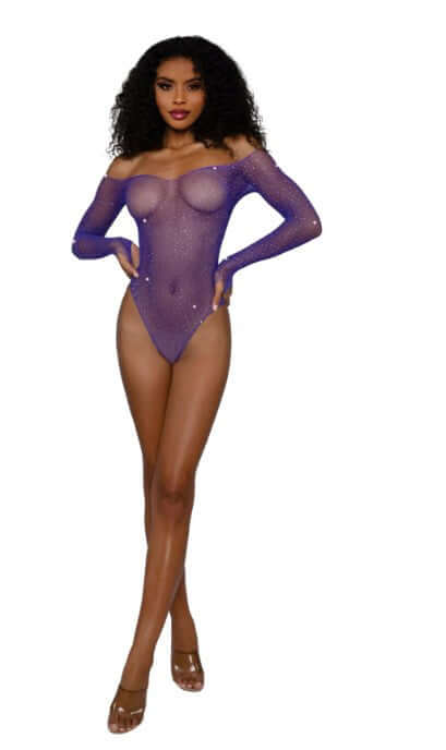 Dreamgirl Rhinestone Off Shoulder Bodystocking OS Ultra Violet worn by a model, showcasing rhinestone accents and off-shoulder style.