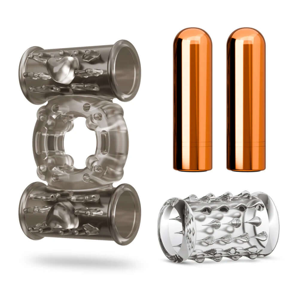 Stay Hard Vibrating Cock Ring Set With Dual Bullets Sheath includes textured ring and dual bullet vibrators.