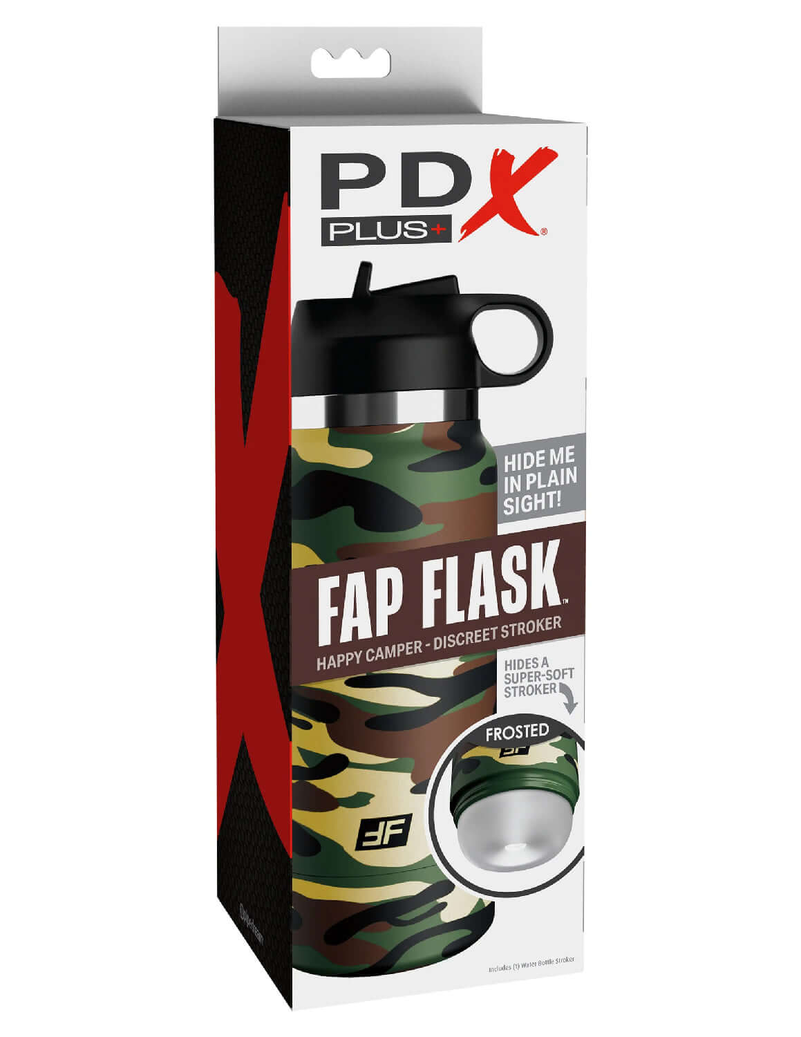 Fap Flask Happy Camper Masturbator, discreet stroker in camo pattern, packaged to resemble a water bottle.