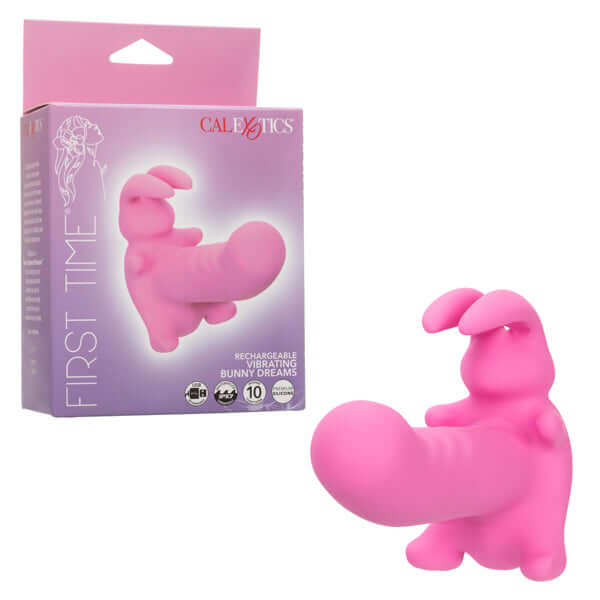 First Time Rechargeable Vibrating Bunny Dreams product image showing the pink bunny massager and packaging.