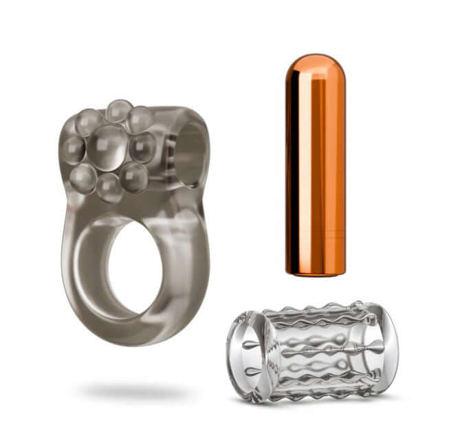 Blush Stay Hard Vibrating Cock Ring Set With Sleeve including vibrating bullet and textured sleeve.