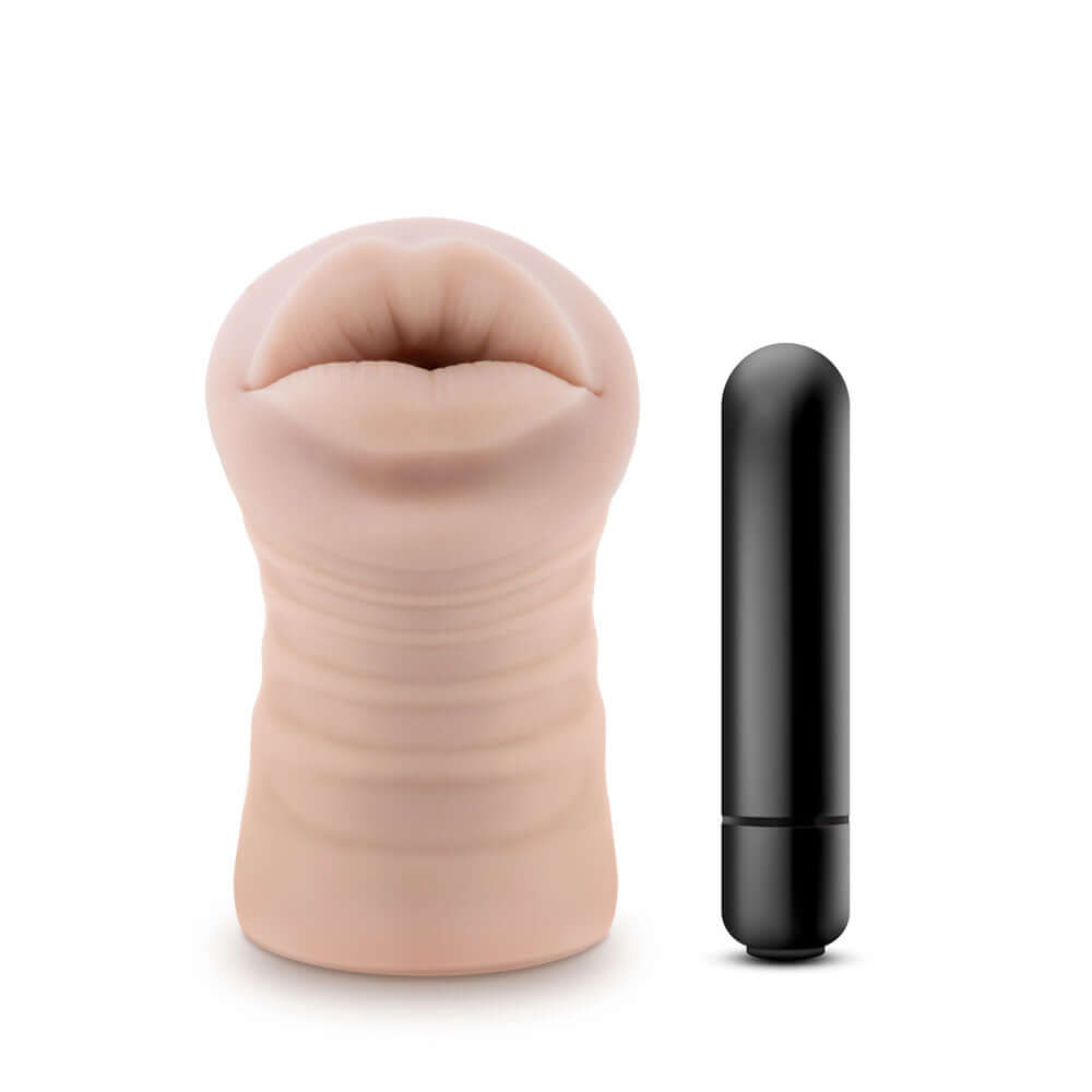 M for Men Angie Mouth Stroker Vanilla next to a black vibrating bullet for enhanced stimulation.