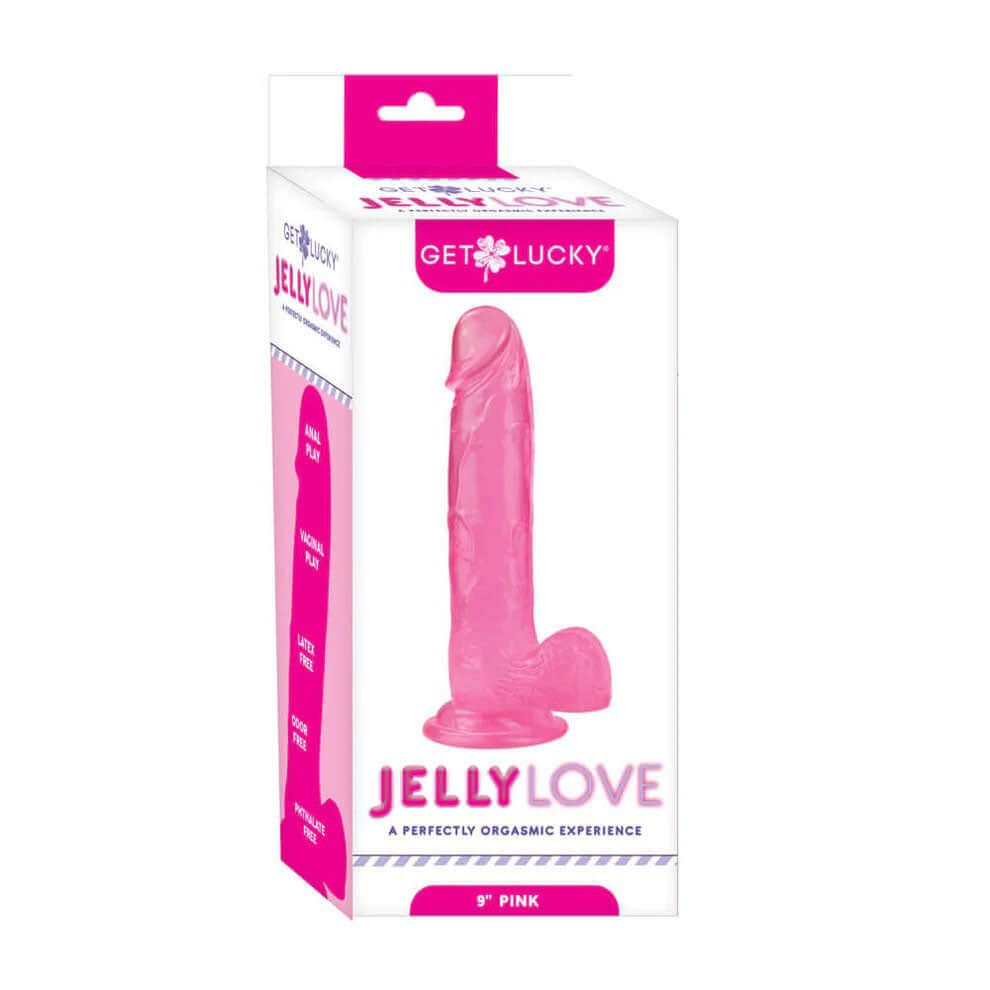 Get Lucky 9 Inch Jelly Dong Pink packaging showcasing its lifelike design and suction base for versatile play.