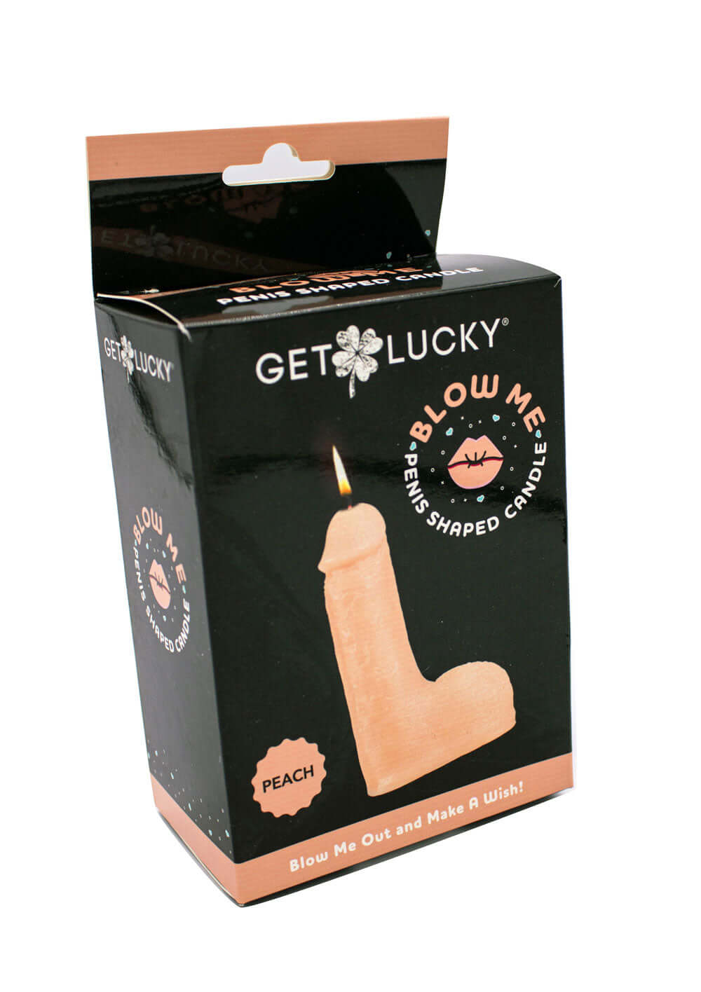 Blow Me Penis Candle Peach in packaging, fun novelty candle for adult celebrations and parties.