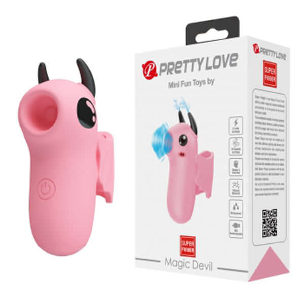 Pink Magic Devil Finger Vibrator with playful design and packaging, featuring silicone material and multiple settings.