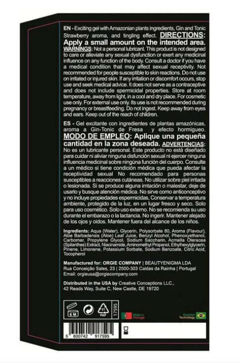 Back label of Orgie Dual Vibe Gin & Tonic Strawberry Kissable Liquid Vibrator 15 ml, detailing directions and ingredients.