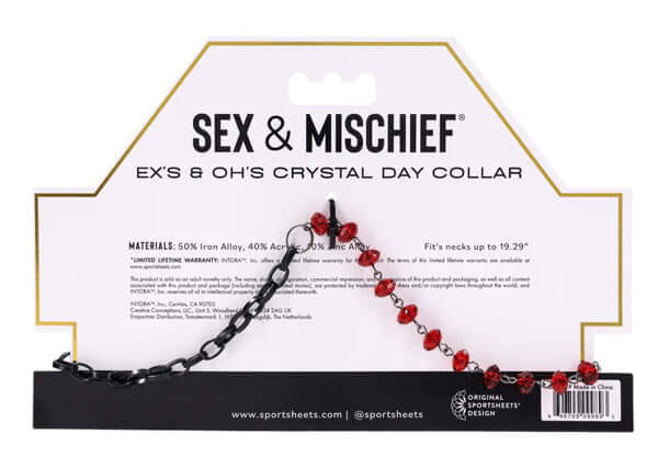 Ex's and Oh's Crystal Day Collar with ruby red crystals and matte black chain, perfect for stylish everyday wear.