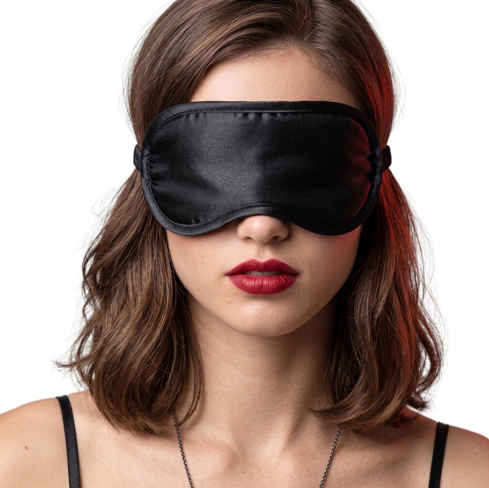 Woman wearing a Satin Blindfold Black, enhancing intimacy and sensory experiences during intimate moments.