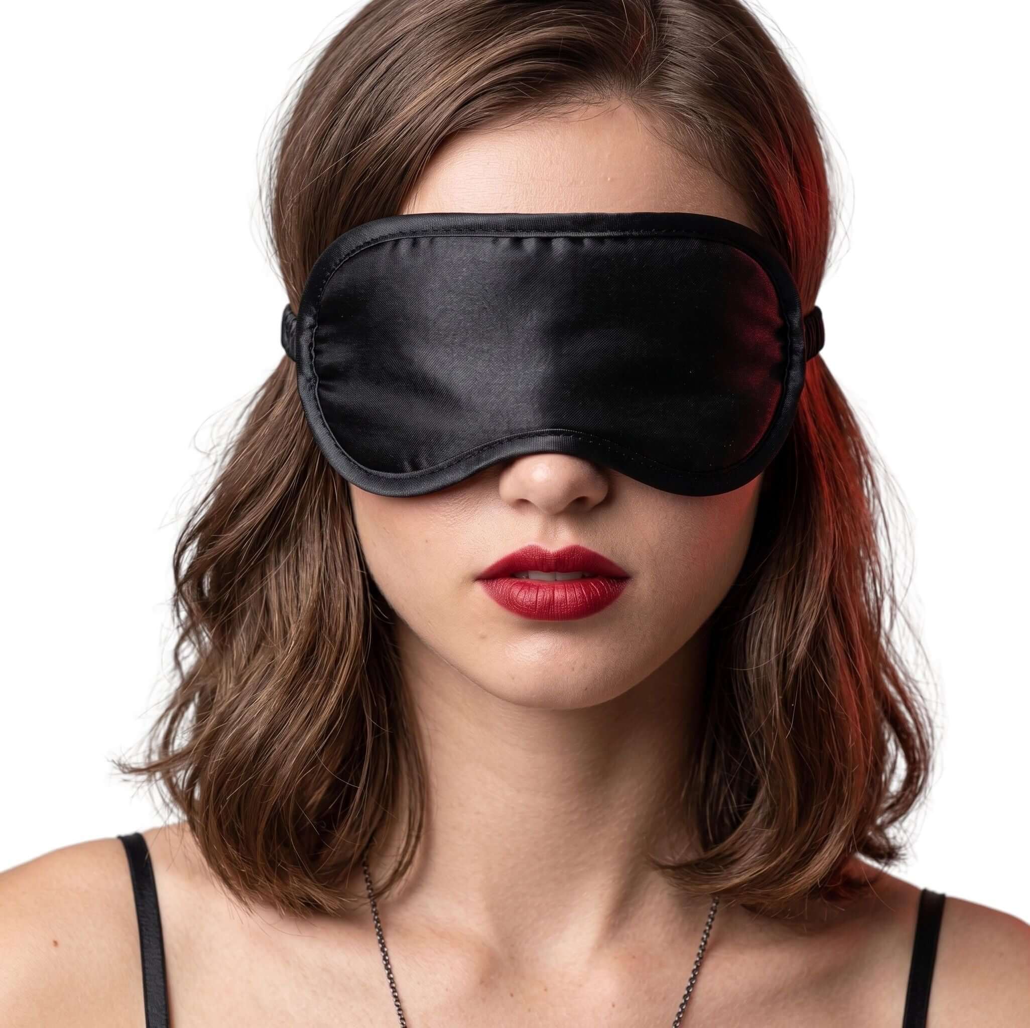 Woman wearing a Satin Blindfold Black, enhancing intimacy and sensory experiences during intimate moments.