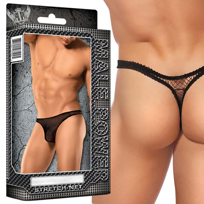 Bong Thong Stretch Net Black Small-Medium packaging and model showcasing modern lingerie in stretch net fabric.