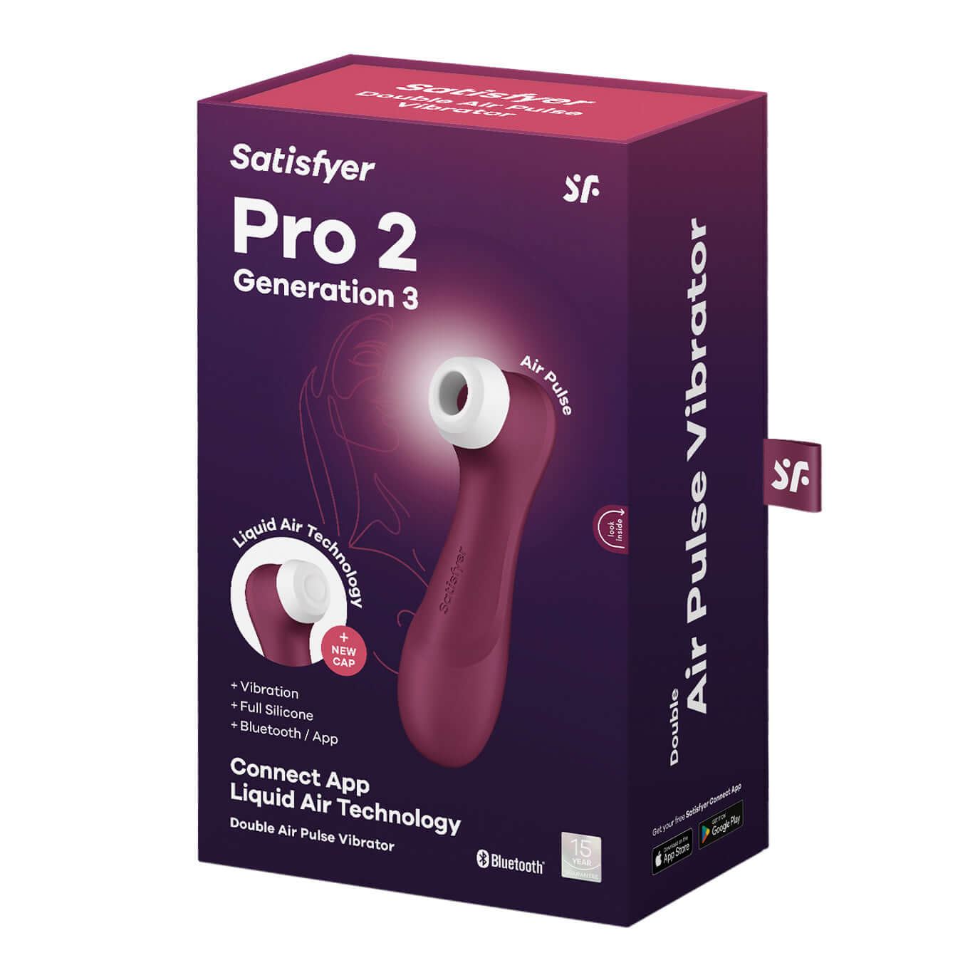 Satisfyer Pro 2 Generation Air Suction Wine Red packaging showcasing air pulse technology and app connectivity features.