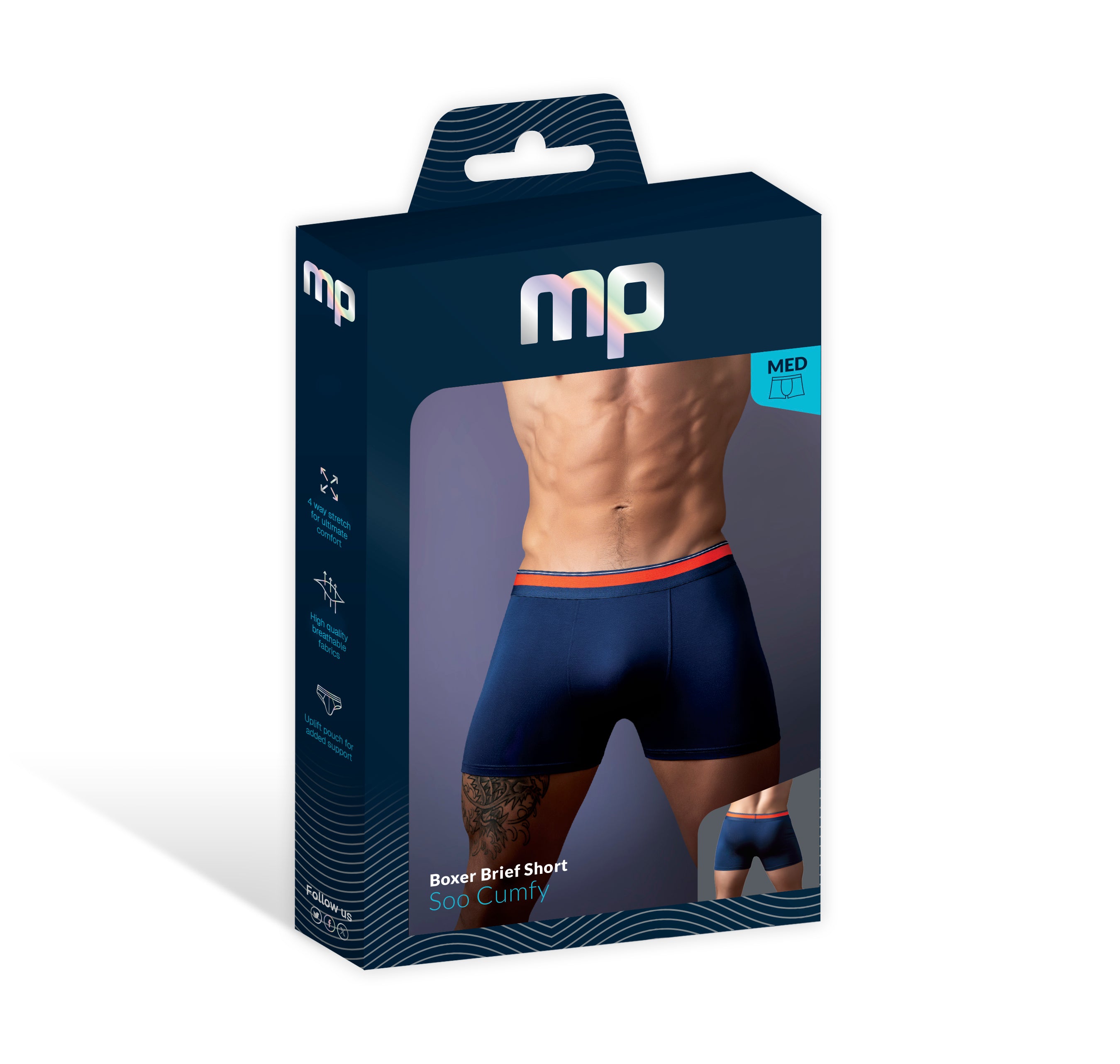 Male Power Soo Cumfy Boxer Brief Medium Navy packaging with model wearing boxer briefs.