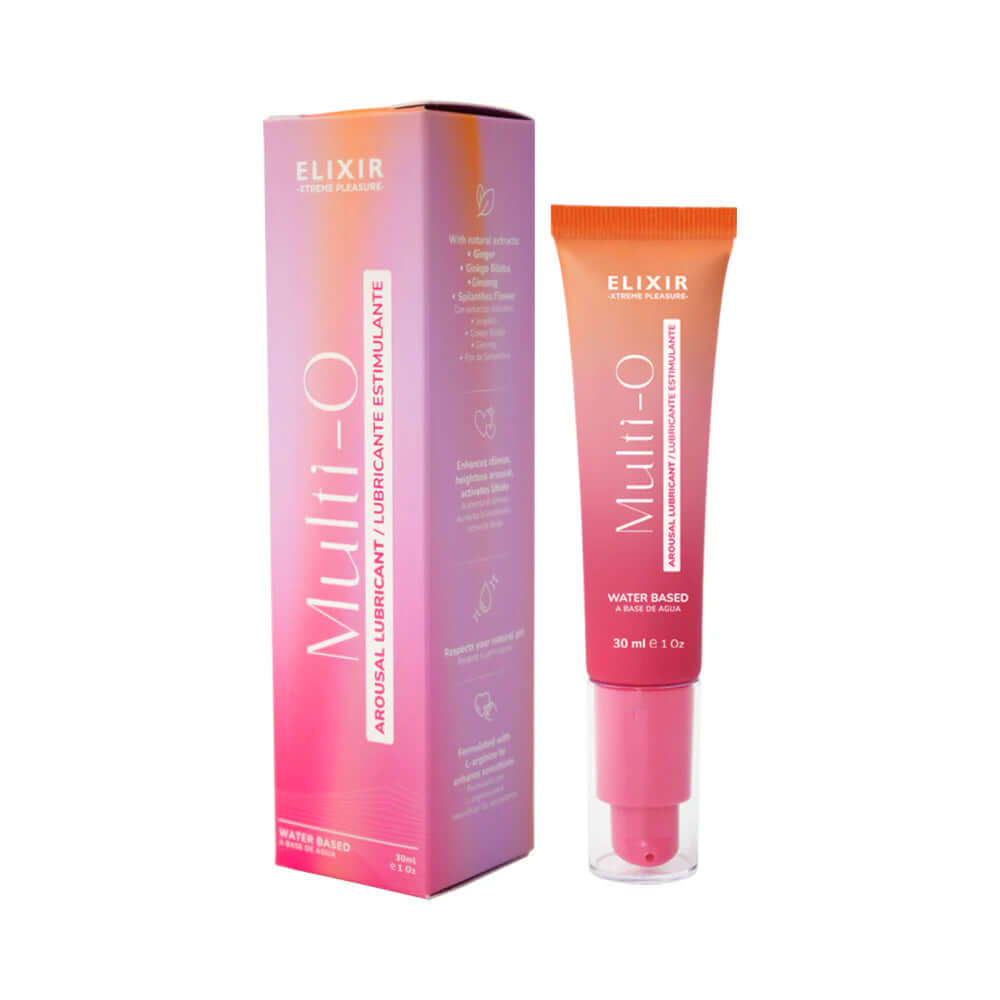 Elixir Multi O Arousal Lubricant 30 ml tube and packaging for enhanced intimate experiences.