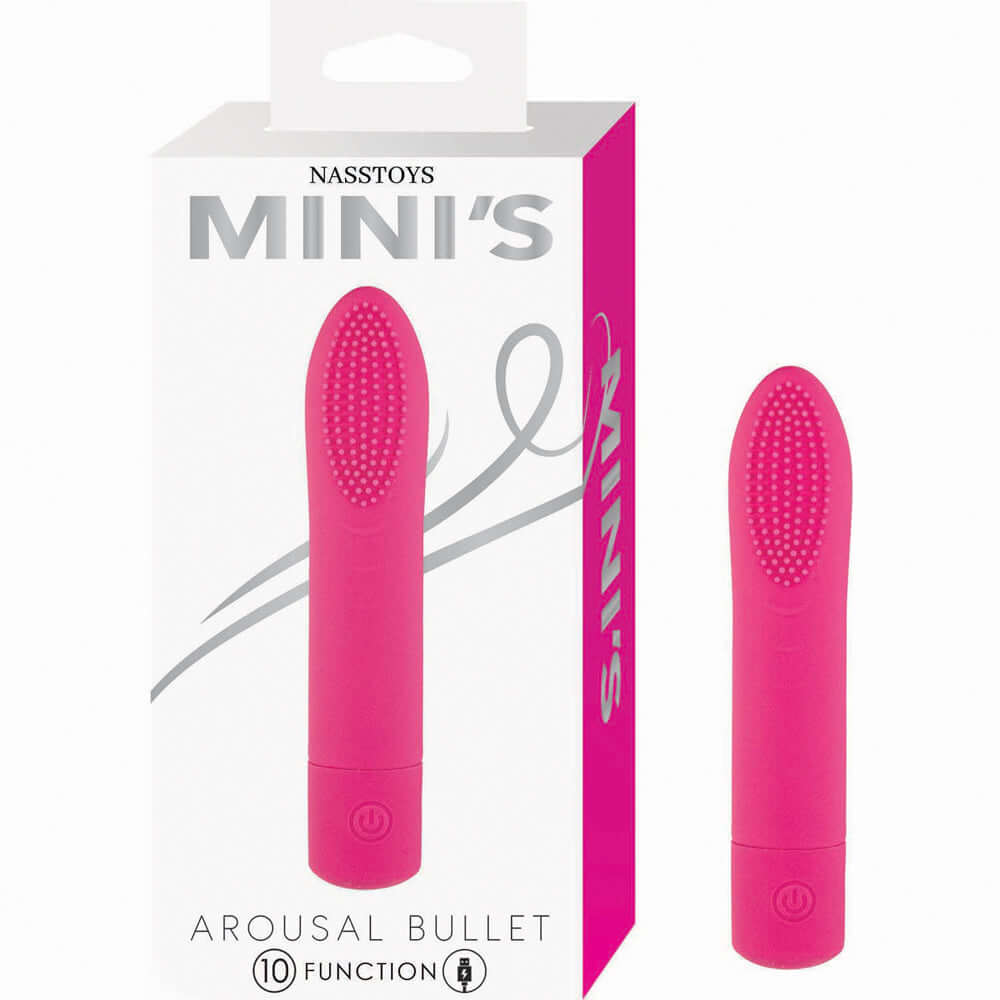 Nasstoys Minis Arousal Bullet Vibrator Pink packaging and product showcasing vibrant design and features.