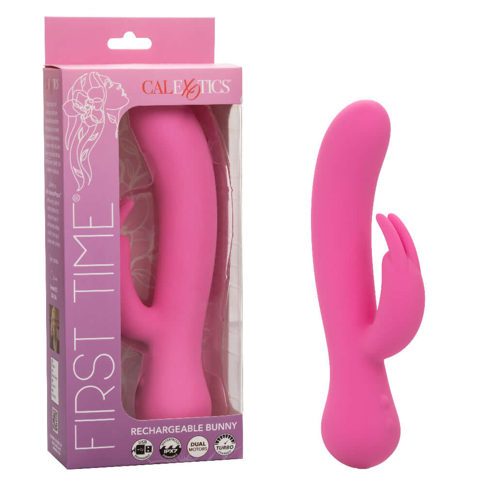 First Time Rechargeable Bunny in pink, dual stimulation vibe with intense rumbling vibrations and turbo boost, boxed and unboxed view.