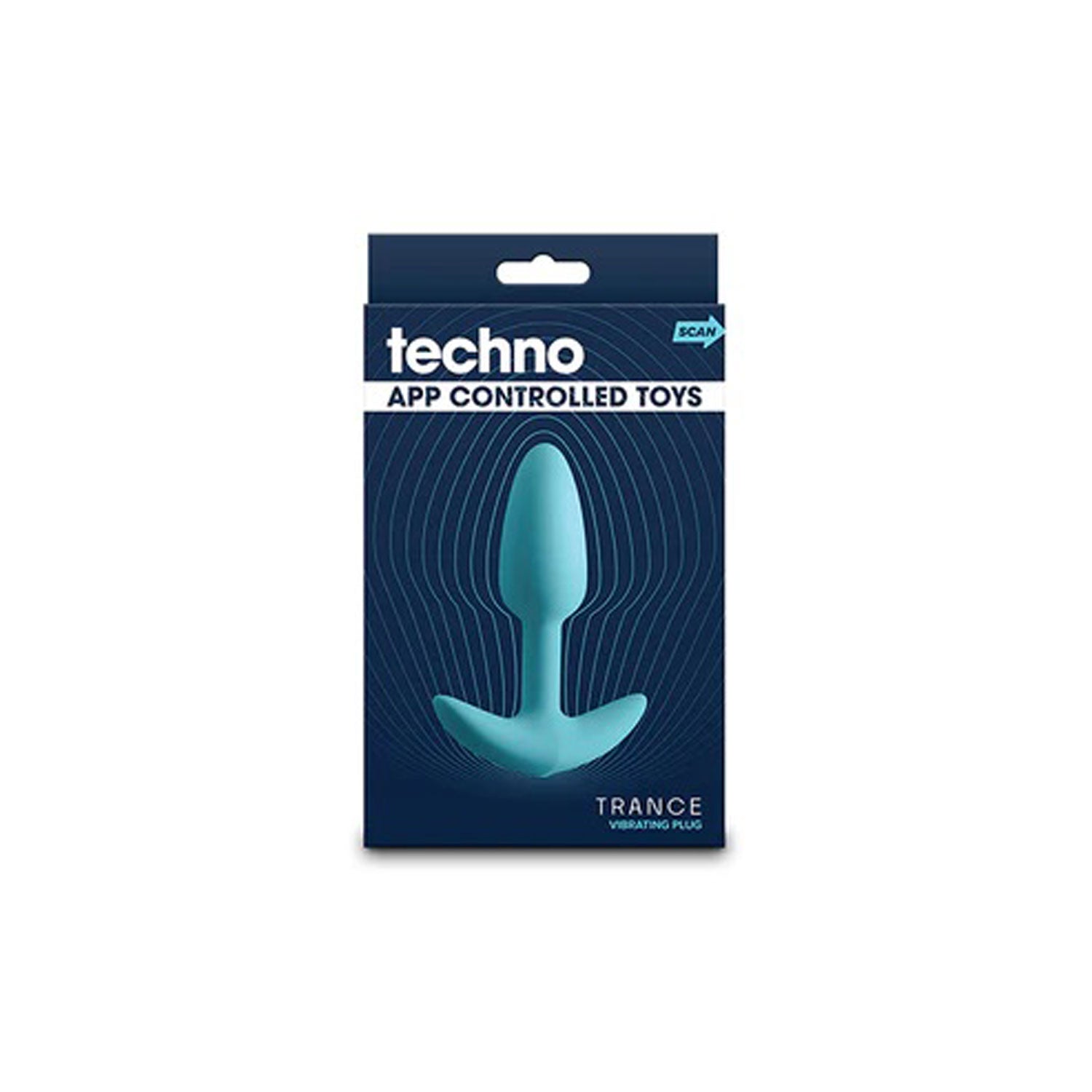 Techno Trance App Compatible Anal Plug Blue packaging showing sleek design and app compatibility