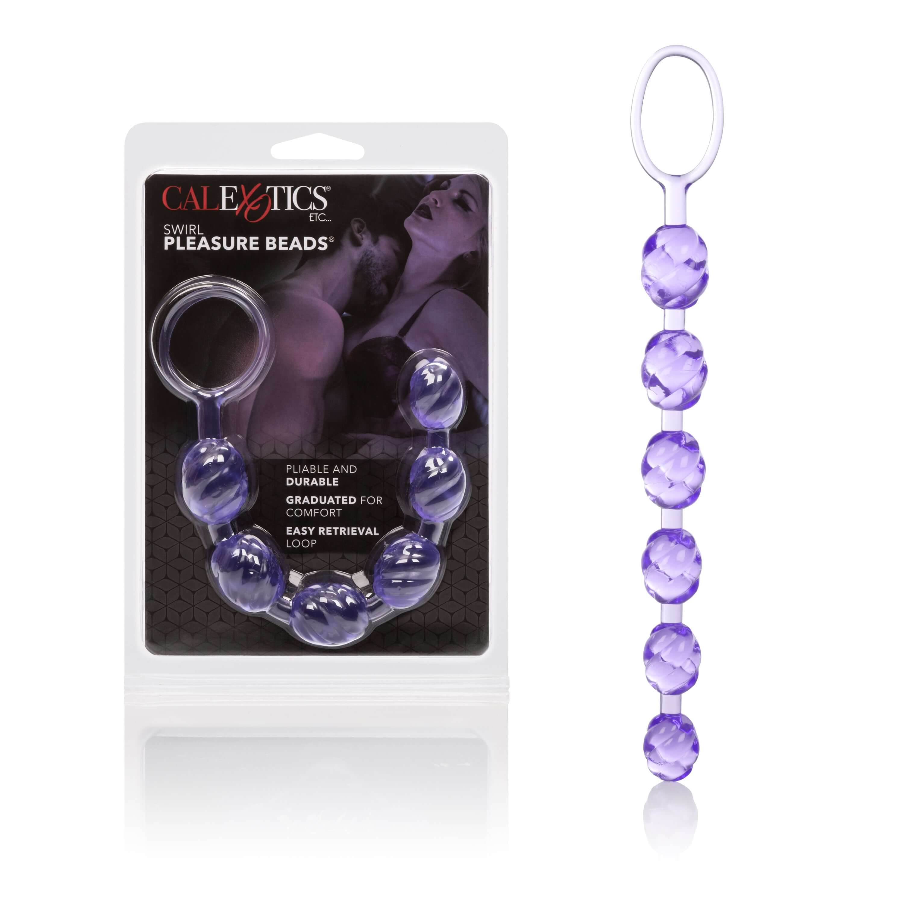 Swirl Anal Pleasure Beads Purple in packaging, showing flexible and graduated design for enhanced stimulation.