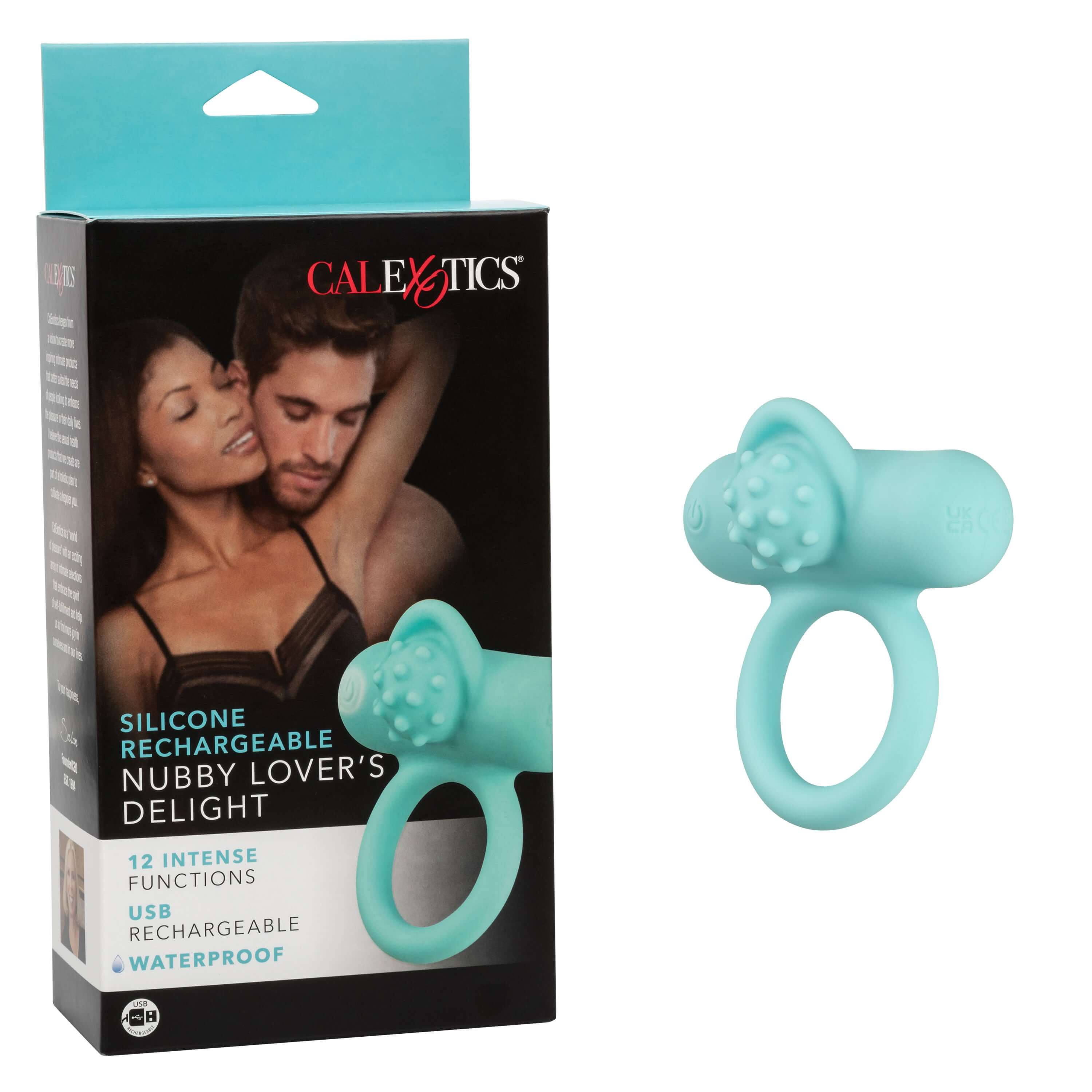 Silicone Rechargeable Nubby Lovers Ring Delight Blue packaging display with couple enjoying the experience.