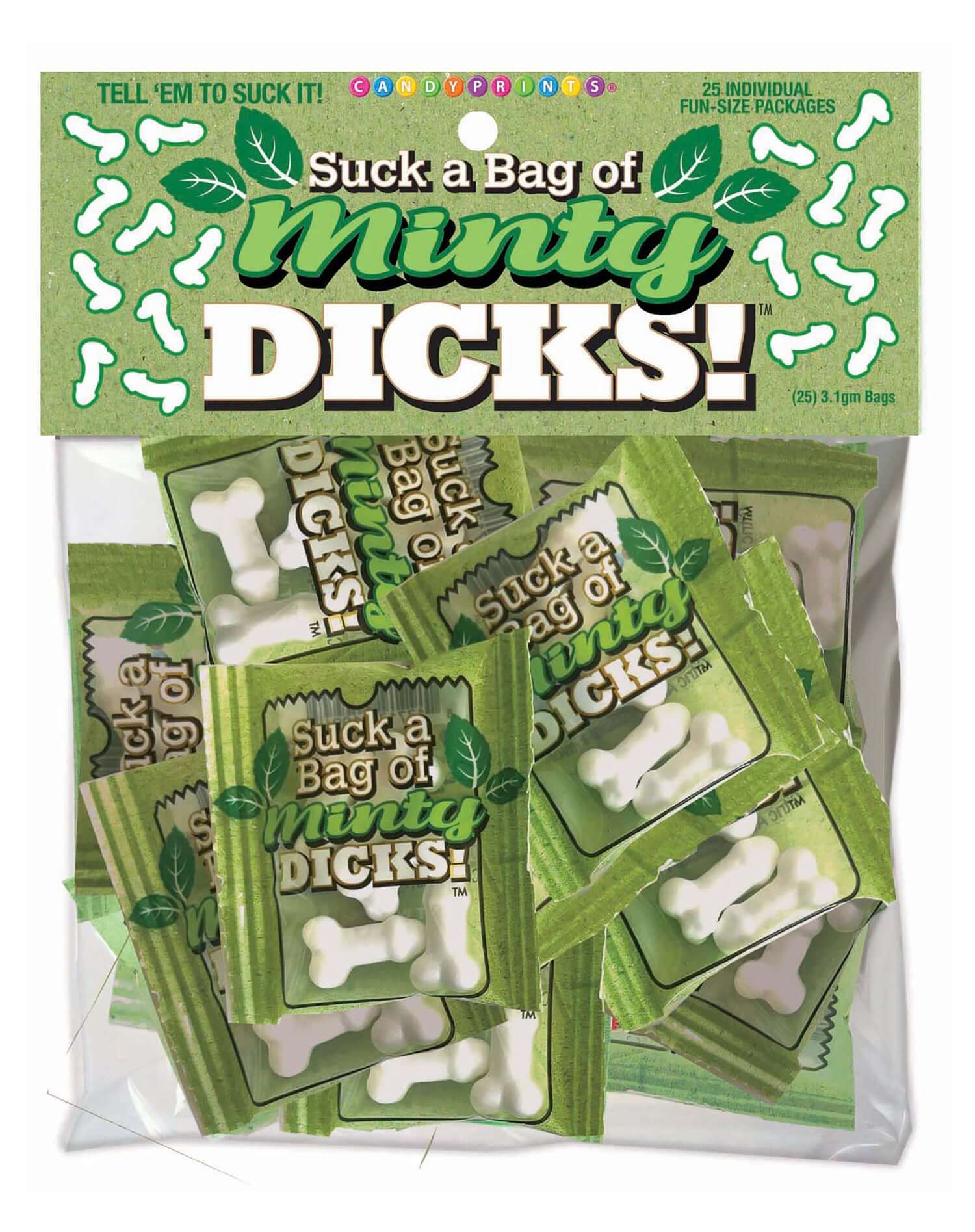 Bag of 25 Minty Dicks candies, featuring fun-sized fruit-flavored penis-shaped treats for party favors.