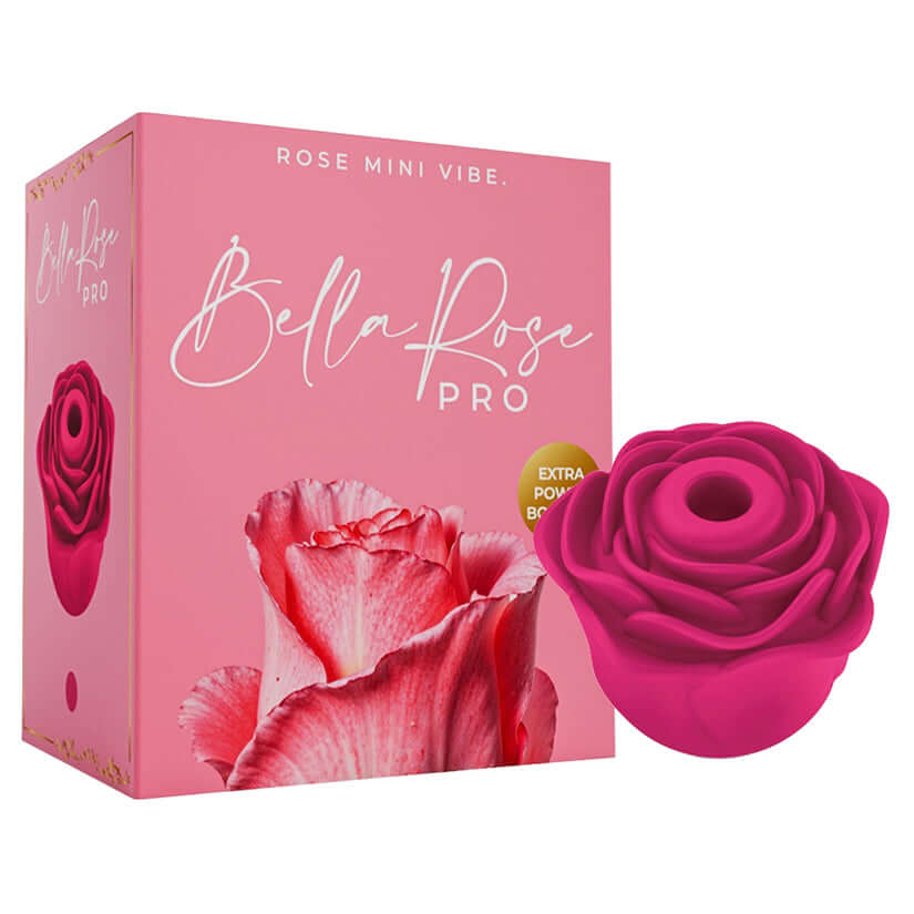 Bella Rose Pro Rechargeable Clitoral Suction Vibrator in floral packaging showcasing its vibrant design.