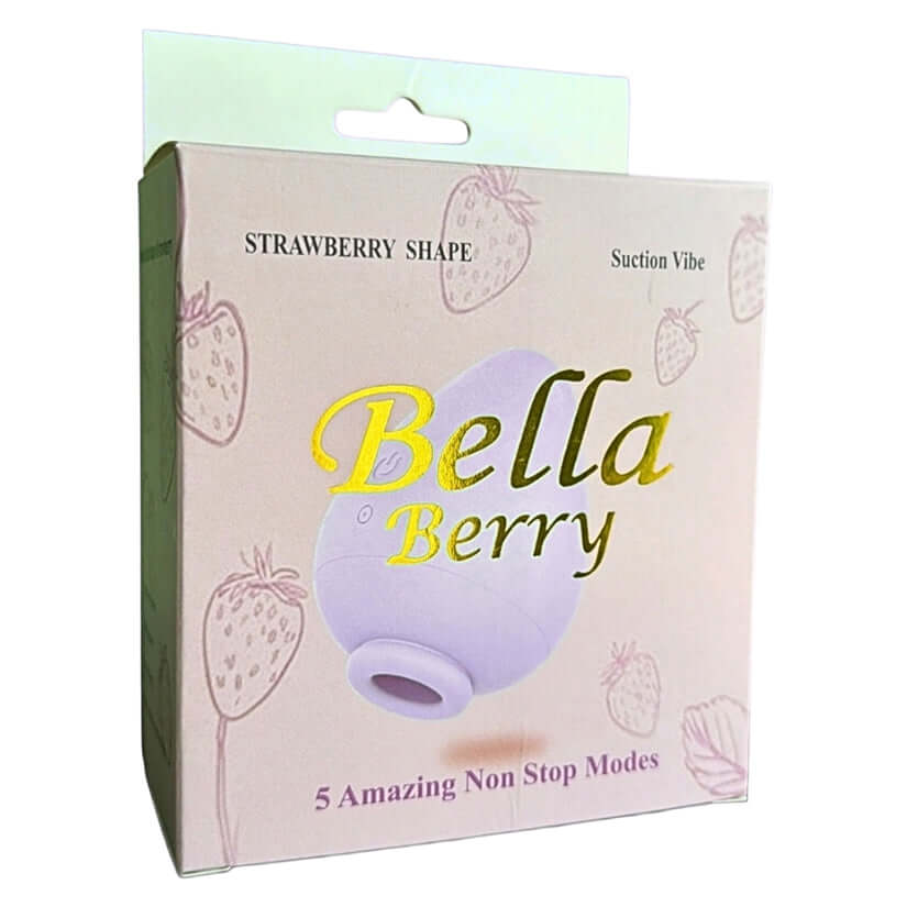 Bella Berry Purple Silicone Clitoral Vibrator packaging featuring fruit-inspired design and suction vibe options.