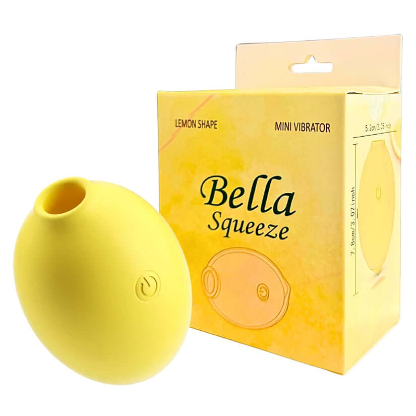 Bella Squeeze Lemon Shaped Mini Vibrator with packaging, cheerful lemon design, compact and portable.