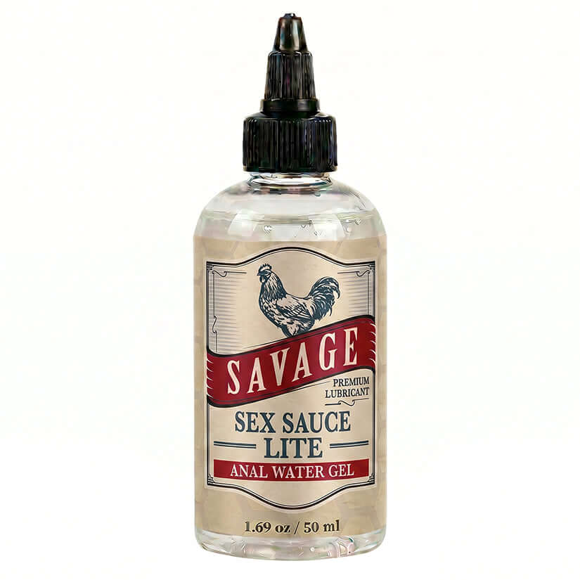 Savage Sex Sauce Lite 1.69 Oz Water-Based Lubricant in a clear bottle with a black dropper.