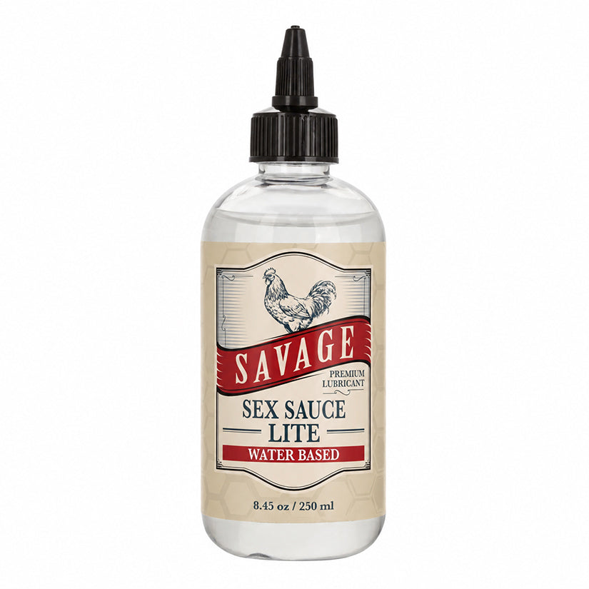 Savage Sex Sauce Lite Water Based Lubricant 8.45 Oz bottle with chicken logo and water-based label.