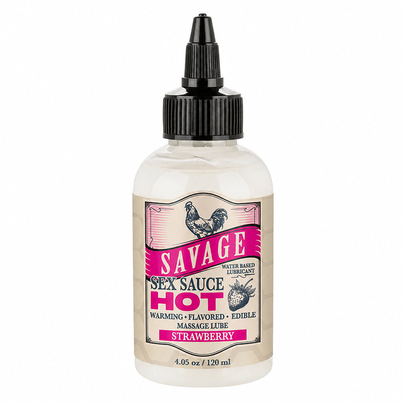Savage Sex Sauce Hot Strawberry Warming Lube 4.05 Oz water-based edible glide in a bottle.