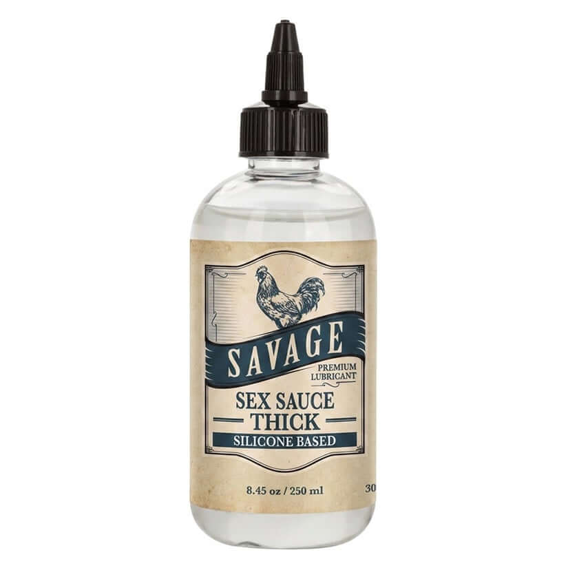 Savage Sex Sauce Thick 8.45 Oz Silicone Lubricant bottle with a distinctive label design.